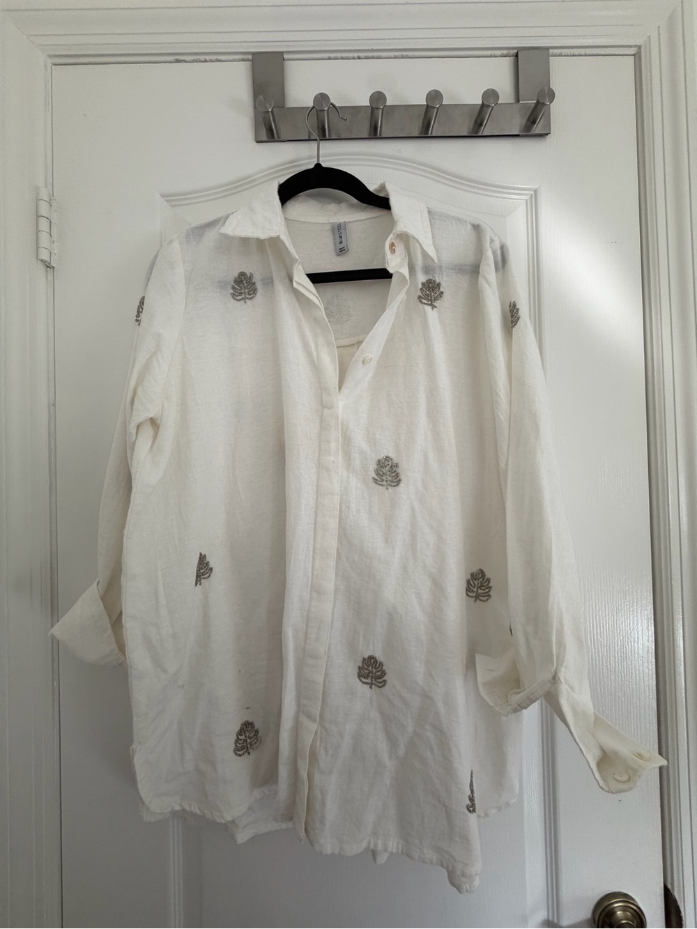Linen Women's Cream Embroidered Button-Down Shirt